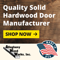 Allegheny Wood Works Inc. Logo with Made in USA image "Quality Solid Hardwood Door Manufacturer" with shop now button 
